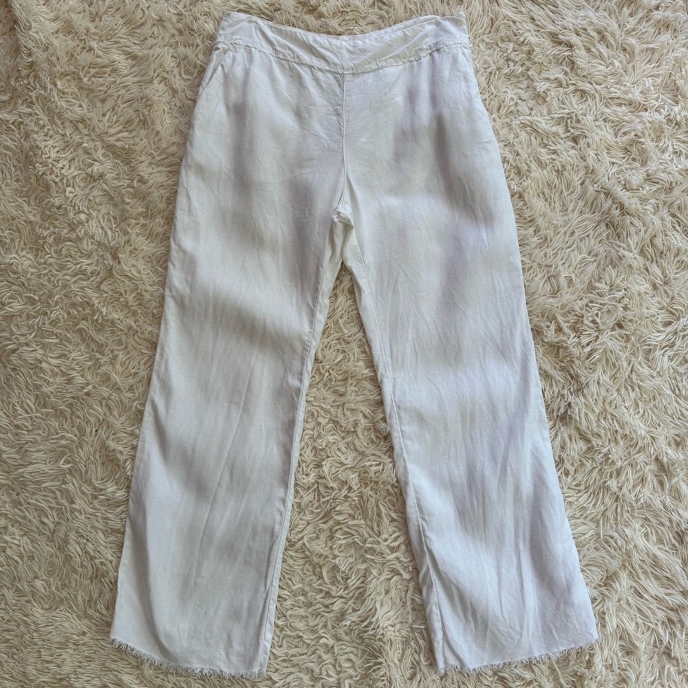 120% Lino White Linen Straight Leg Pants Size 44 Cropped Fringe Hem mid rise